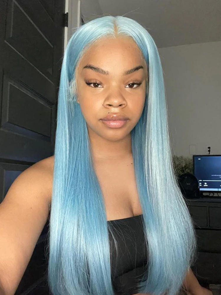 CurlyMe Hot Color Lake Brilliant Blue Straight Hair 13x4 Lace Front Wigs - Image 3