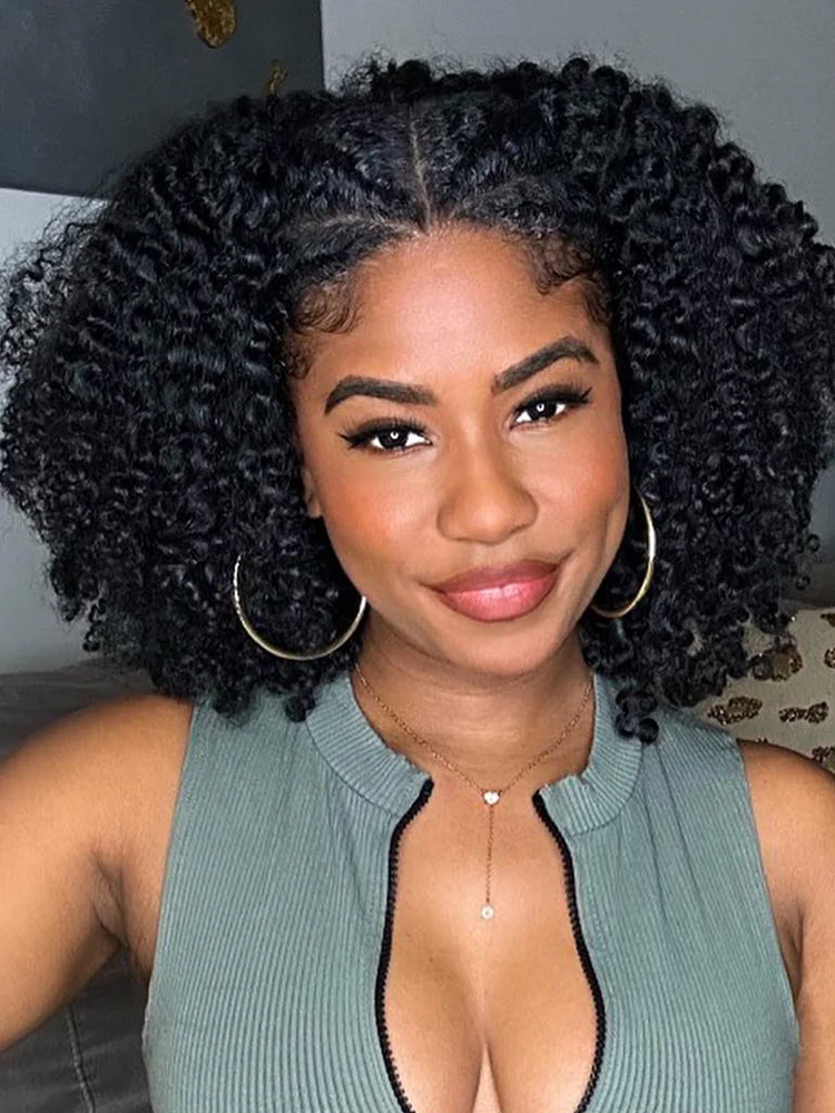 CurlyMe 3 In 1 Half Wig Layered Curly Bob Pre-Styled Kinky Curly Half Wig Draw-strings Flip Over Wig - Image 4