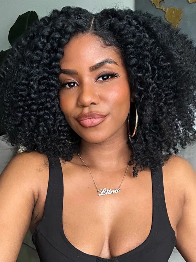 CurlyMe 3 In 1 Half Wig Layered Curly Bob Pre-Styled Kinky Curly Half Wig Draw-strings Flip Over Wig - Image 5