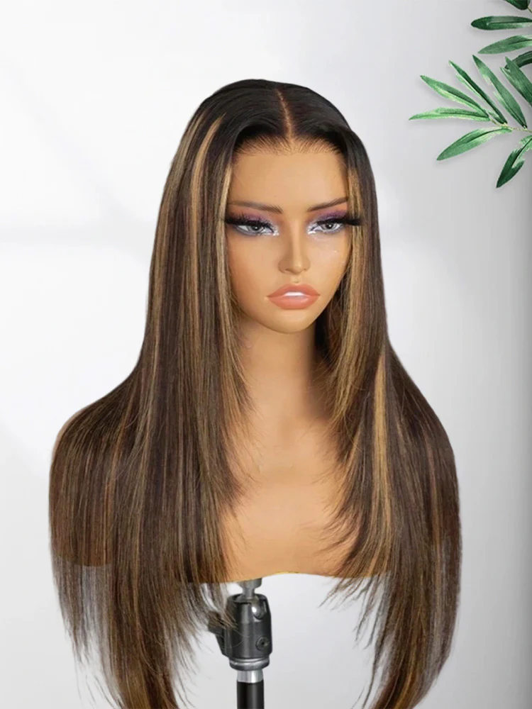 CurlyMe Layered Cut Balayage Highlight Straight Human Hair Wear Go Glueless 7x5 Pre-Cut Lace Wigs Pre-plucked - Image 2
