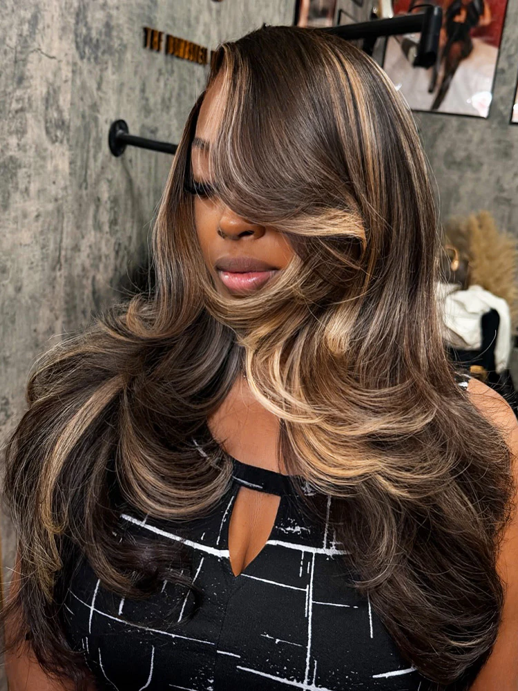 CurlyMe Layered Cut Balayage Highlight Straight Human Hair Wear Go Glueless 7x5 Pre-Cut Lace Wigs Pre-plucked - Image 6