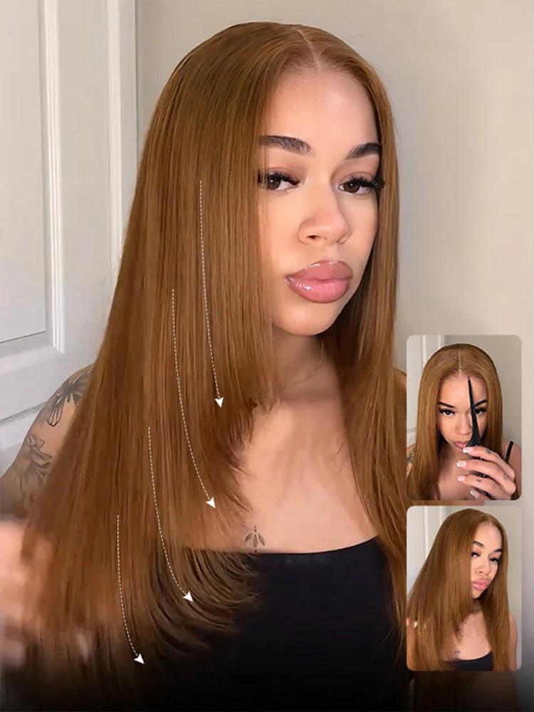 CurlyMe Chestnut Brown Layered Cut Straight Human Hair 7x5 Pre-Cut Lace Wear Go Wig 100% Human Hair - Image 4