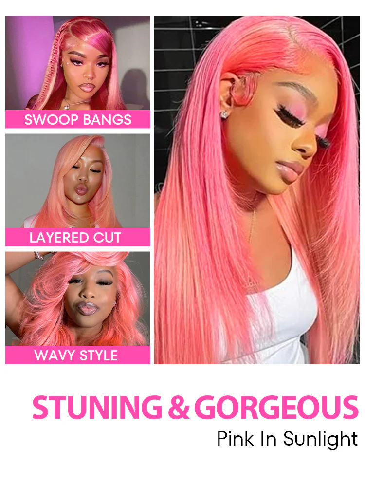 CurlyMe Light Ash Pink Pre Cut Glueless Lace Straight Wear Go Wig - Image 5