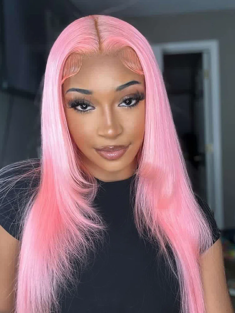 CurlyMe Light Ash Pink Color Straight Hair 13x4 Lace Front Wigs Human Hair - Image 2