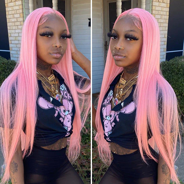 CurlyMe Light Ash Pink Color Straight Hair 13x4 Lace Front Wigs Human Hair - Image 4