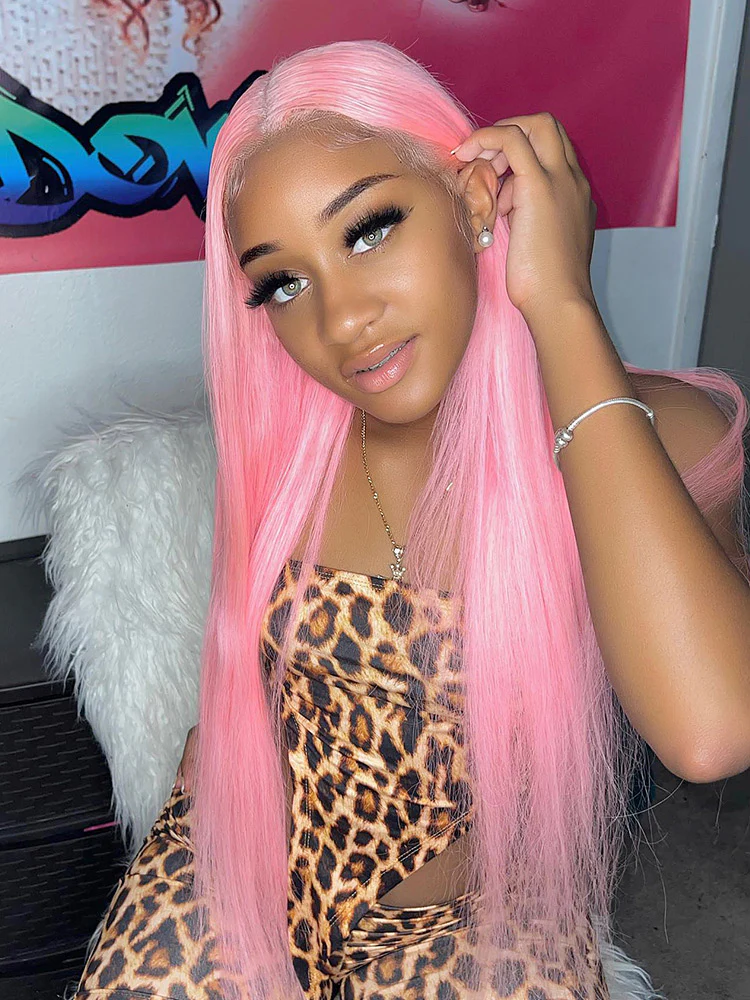 CurlyMe Light Ash Pink Color Straight Hair 13x4 Lace Front Wigs Human Hair - Image 8