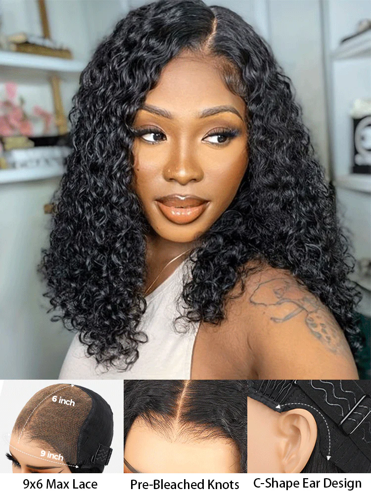 CurlyMe Pre-cut 9x6 HD Lace M-cap Wear Go Glueless Mini Knots Water Wave Hair Bob Wig Pre-plucked - Image 2