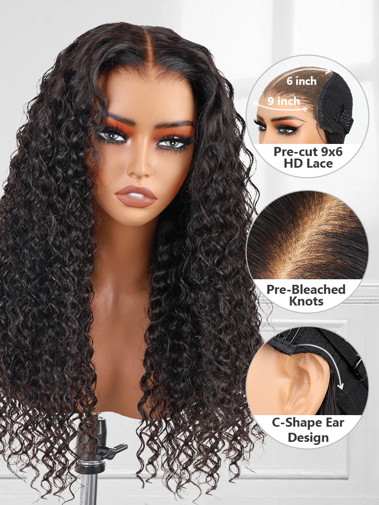 CurlyMe Pre-cut 9x6 Lace M-cap Wear Go Glueless Mini Knots Water Wave Hair HD Lace Front Wig Pre-plucked - Image 7