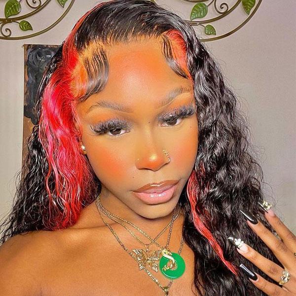 CurlyMe Highlights Straight Hair Black With Red Bangs 13x4 Lace Front Wigs - Image 4
