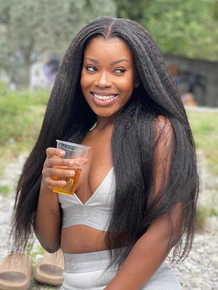 CurlyMe Kinky Straight Hair 13x4 Lace Front Wigs Pre Plucked Natural Black - Image 10