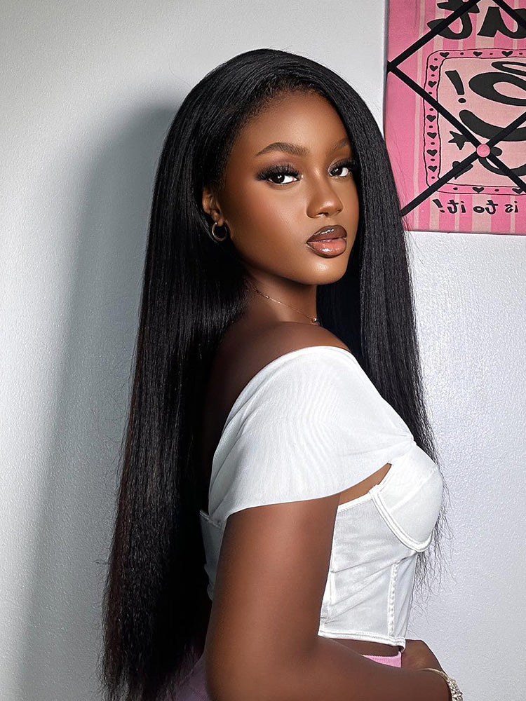 CurlyMe Kinky Straight Hair 13x4 Lace Front Wigs Pre Plucked Natural Black - Image 11