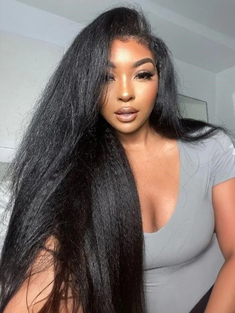 CurlyMe Kinky Straight Hair 13x4 Lace Front Wigs Pre Plucked Natural Black - Image 12