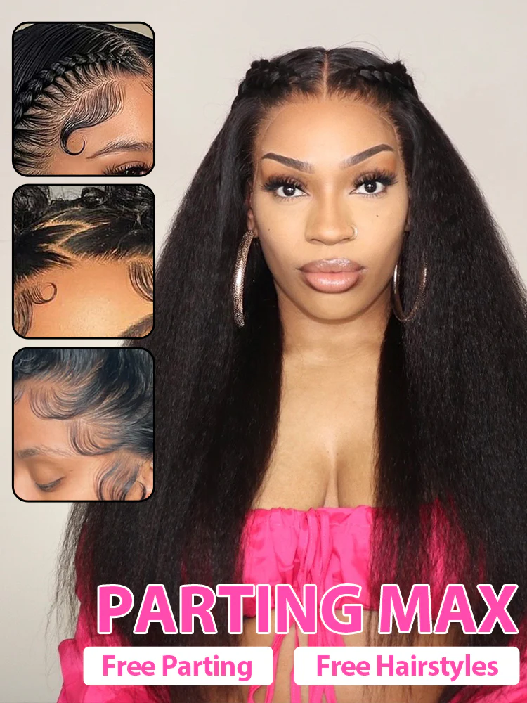 CurlyMe Kinky Straight Hair 13x4 Lace Front Wigs Pre Plucked Natural Black - Image 3