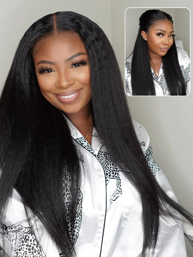 CurlyMe Kinky Straight Hair 13x4 Lace Front Wigs Pre Plucked Natural Black - Image 4