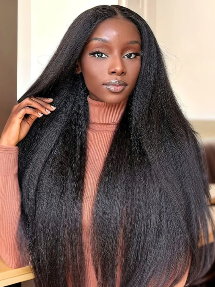 CurlyMe Kinky Straight Hair 13x4 Lace Front Wigs Pre Plucked Natural Black - Image 5