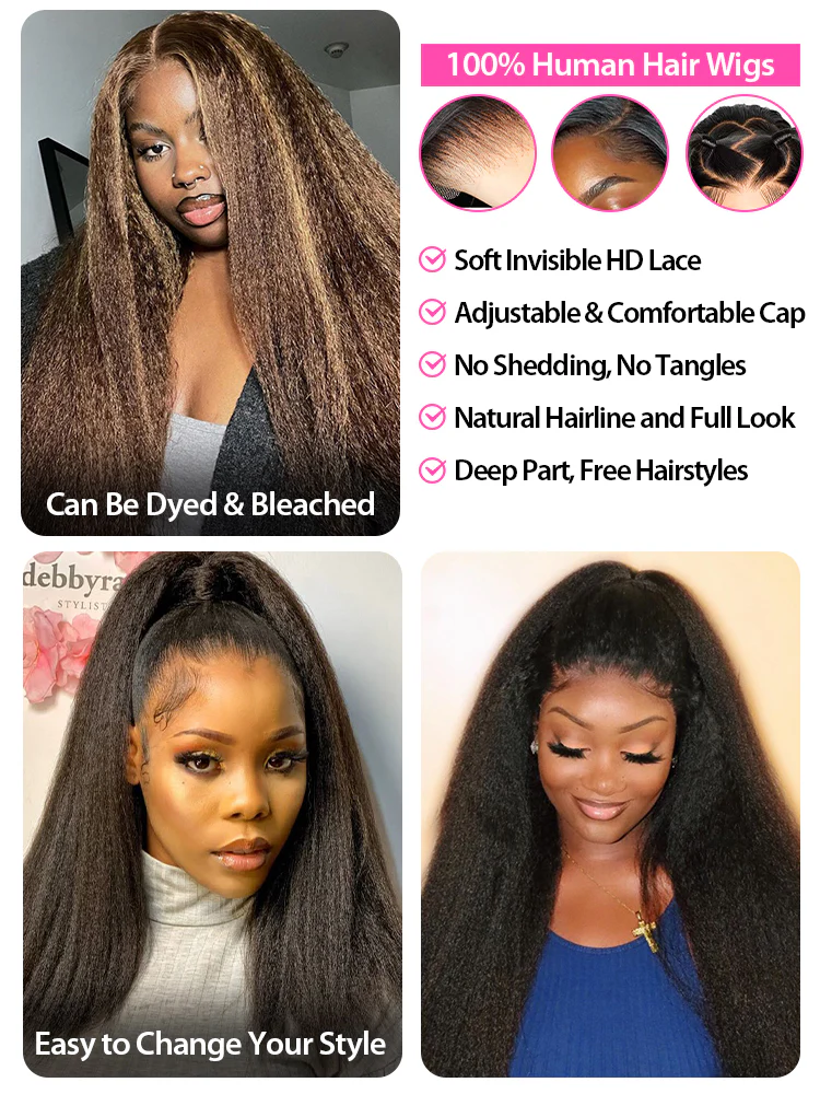 CurlyMe Kinky Straight Hair 13x4 Lace Front Wigs Pre Plucked Natural Black - Image 6