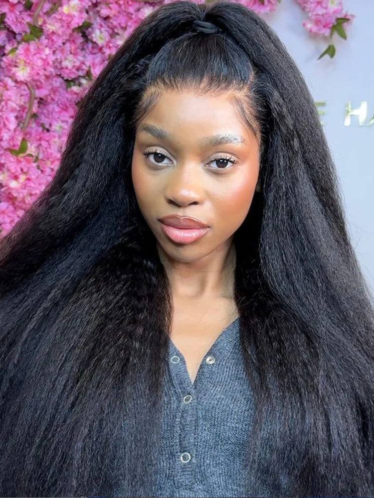 CurlyMe Kinky Straight Hair 13x4 Lace Front Wigs Pre Plucked Natural Black - Image 7