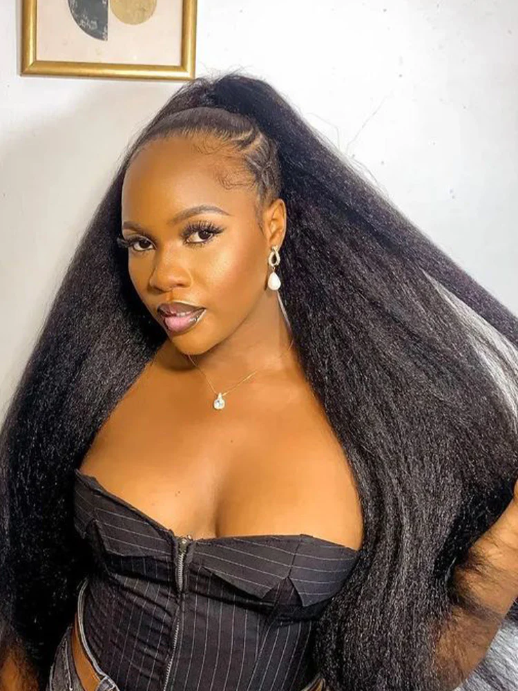 CurlyMe Kinky Straight Hair 13x4 Lace Front Wigs Pre Plucked Natural Black - Image 8