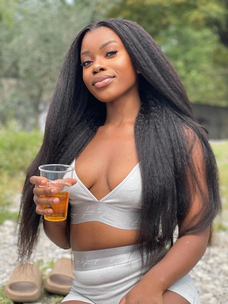 CurlyMe Kinky Straight Hair 13x4 Lace Front Wigs Pre Plucked Natural Black - Image 9