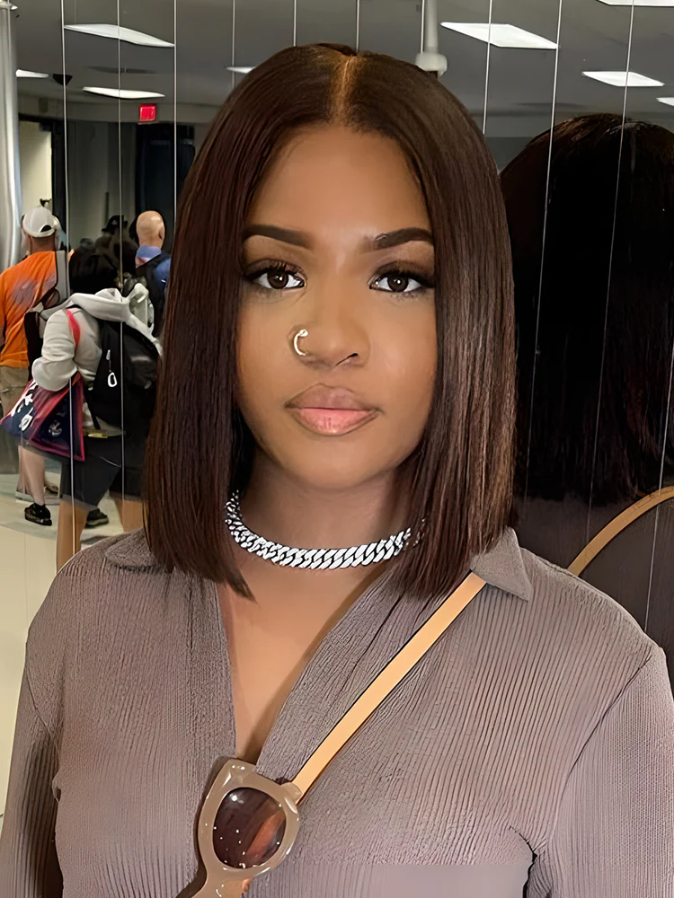 CurlyMe #2 Natural Brown Color Bob Wigs Straight Hair Lace Front Wigs - Image 3