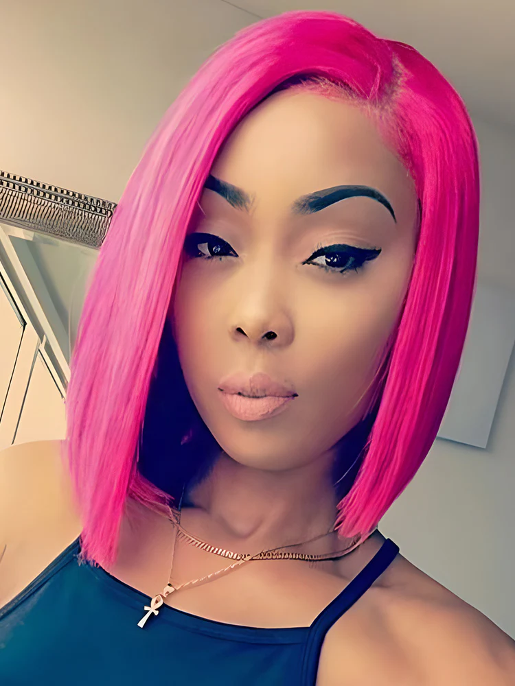 CurlyMe Pink Color Straight Hair 13x4 Lace Front Bob Wigs - Image 2