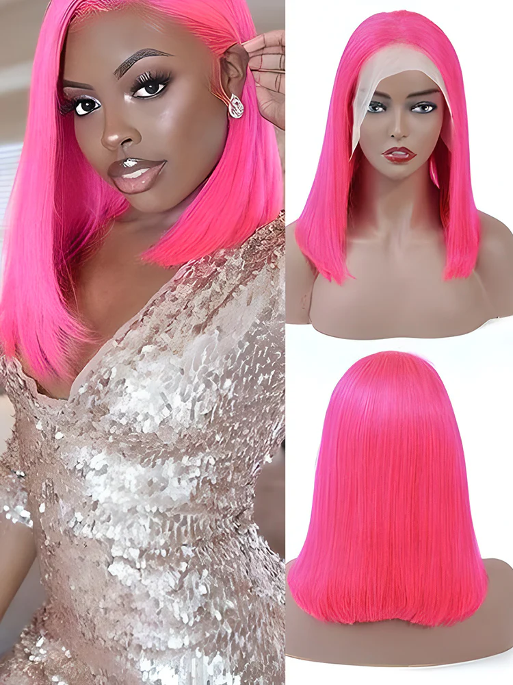 CurlyMe Pink Color Straight Hair 13x4 Lace Front Bob Wigs - Image 3