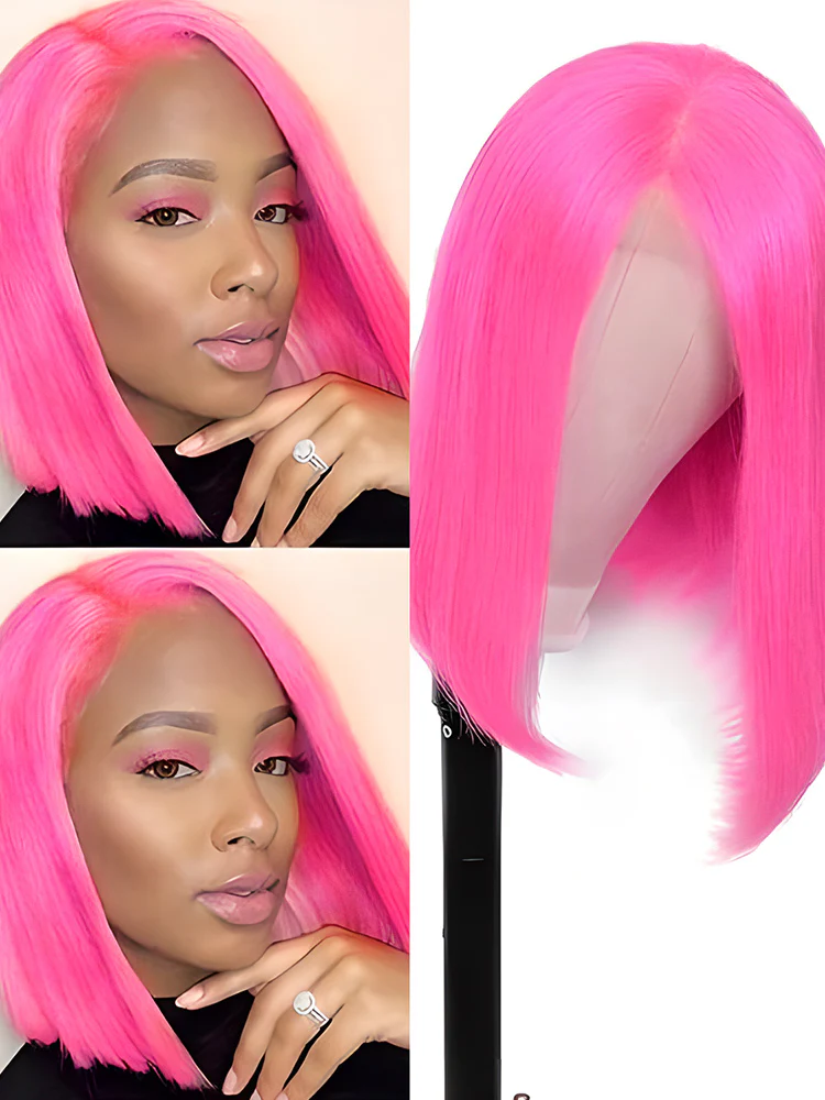 CurlyMe Pink Color Straight Hair 13x4 Lace Front Bob Wigs - Image 4