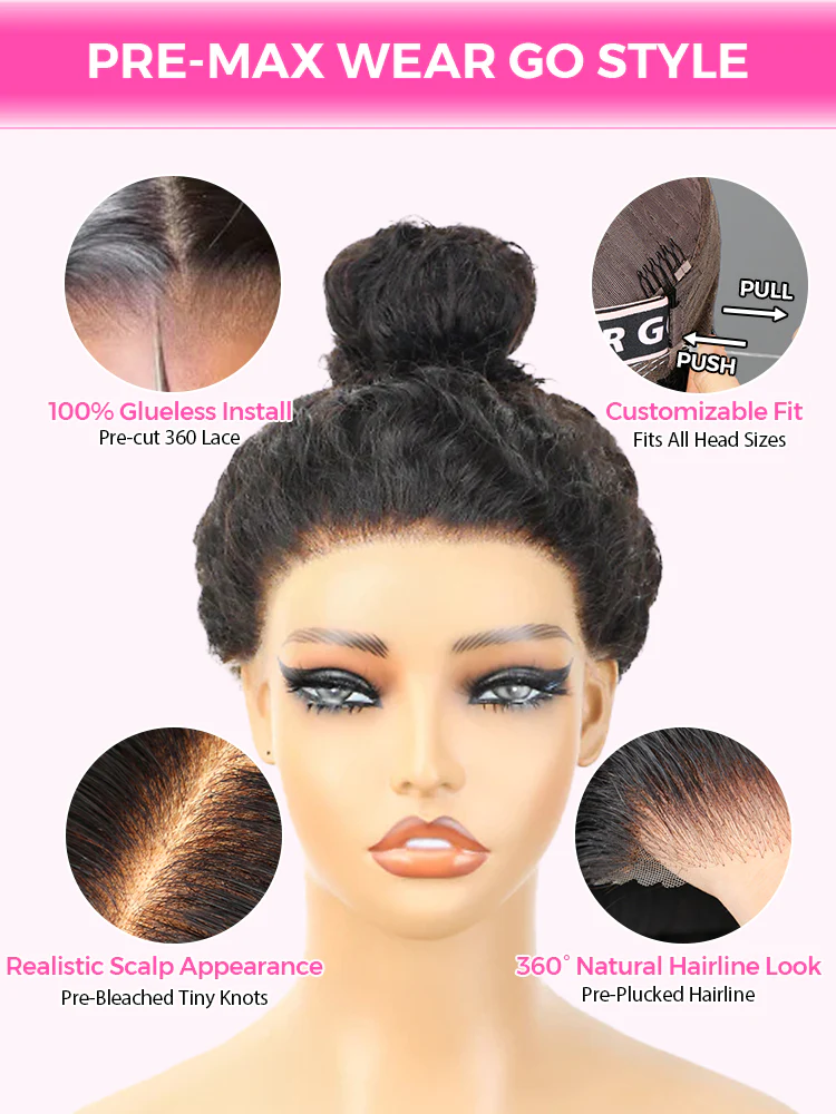 CurlyMe 360 Fit Wig Pre-Bleached Kinky Straight Human Hair Pre-Cut 360 Lace Wear Go Glueless Wig Pre-Plucked - Image 9