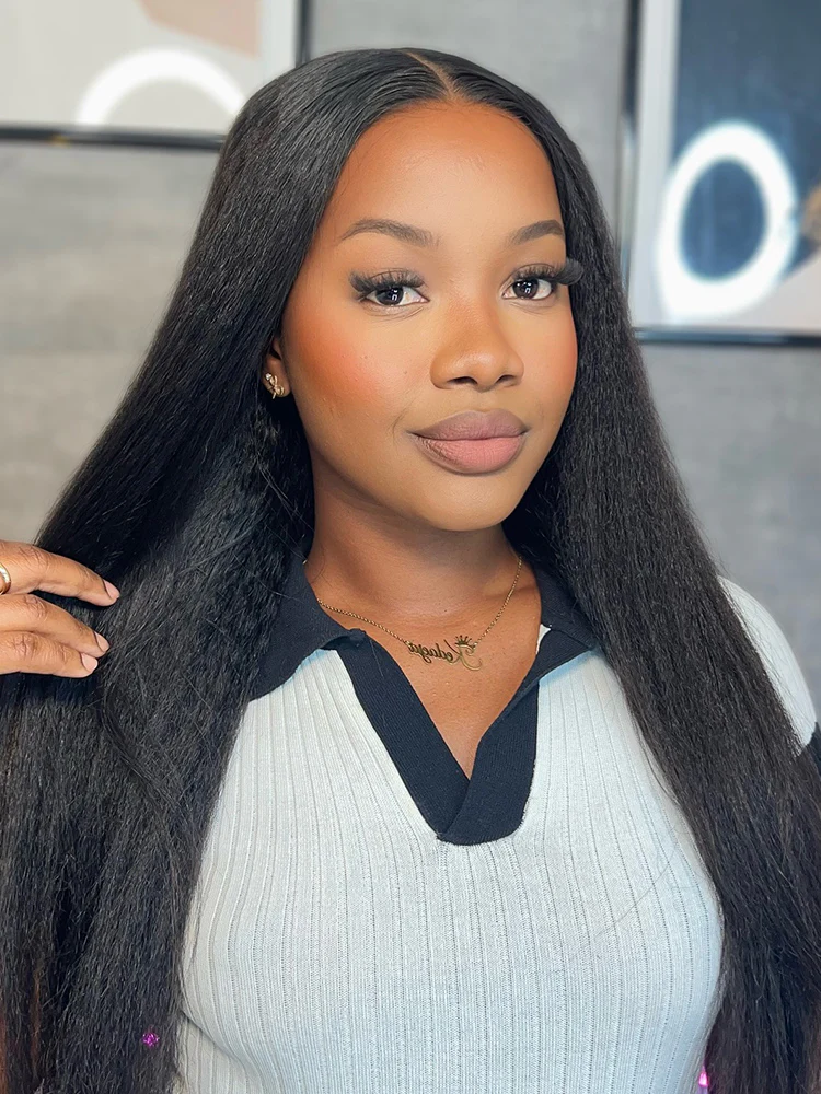 CurlyMe 360 Lace Wear Go Wig Pre-Bleached Yaki Straight Human Hair Pre-Plucked Lace Front Wig - Image 4
