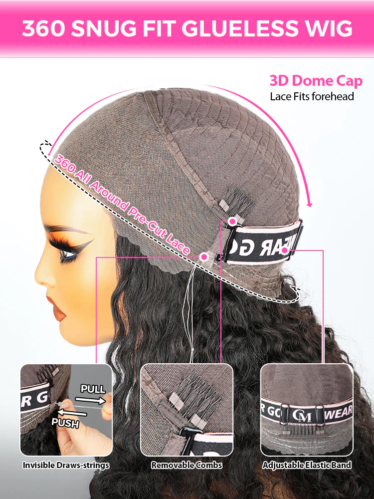 CurlyMe 360 Lace Fit Wear Go Pre-Bleached Water Wave Human Hair Glueless Wig Pre-Plucked - Image 8