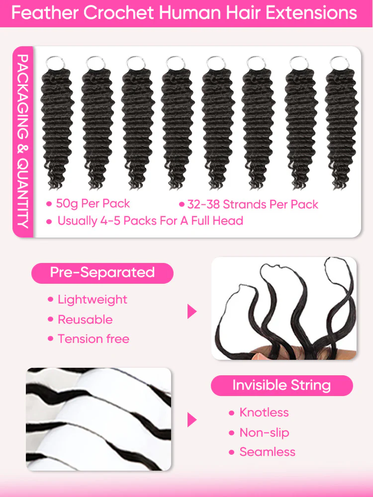 CurlyMe Deep Wave Crochet Human Hair Knotless Boho Braids Pre-Separated Miracle Knots Virgin Human Hair Feather Crochet Hair Extensions - Image 5