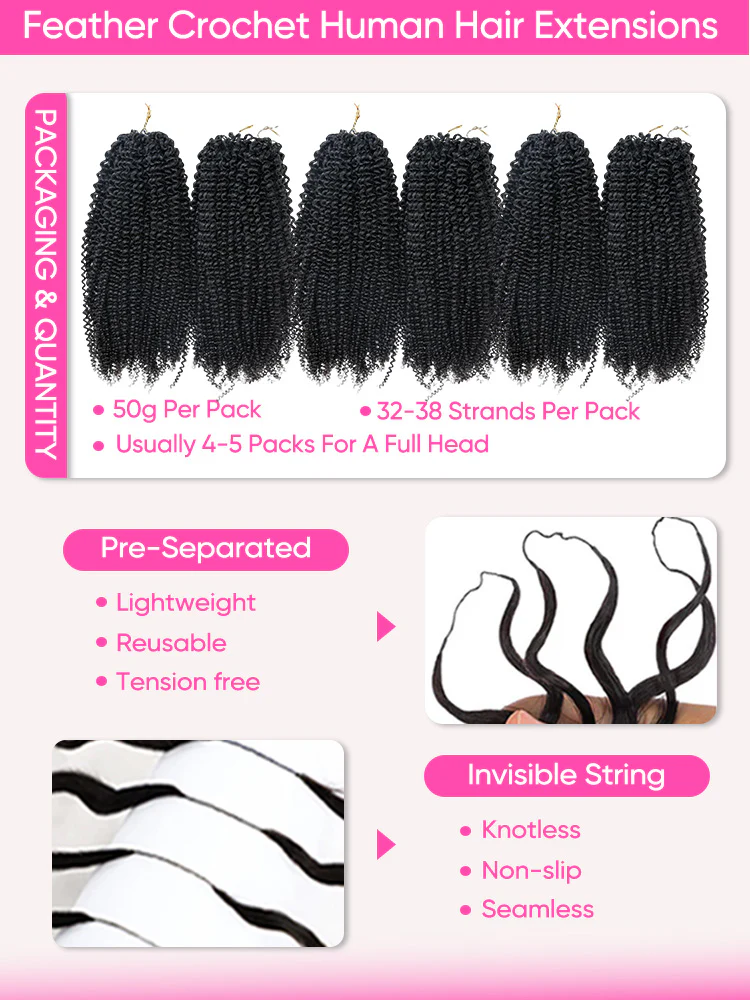 CurlyMe Kinky Curly Crochet Human Hair Boho Braids Miracle Knots Pre-Looped Reusable Feather Crochet Hair Extensions - Image 6