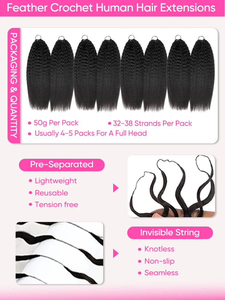 CurlyMe Kinky Straight Miracle Knots Pre-Separated Feather Crochet Real Human Hair Extensions for Boho Braids - Image 6