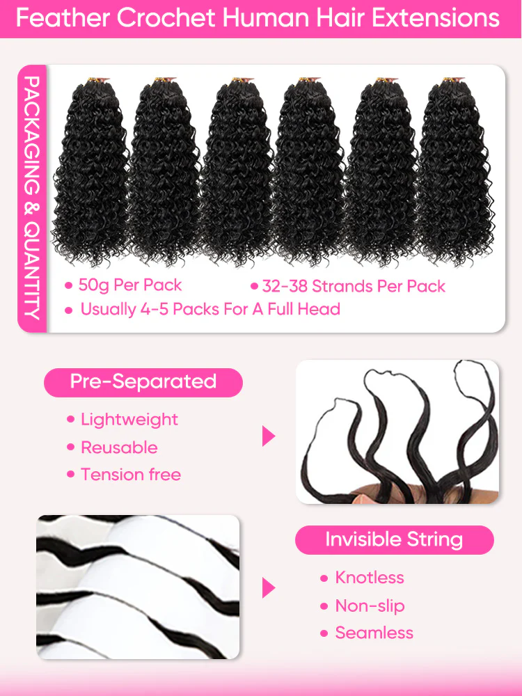 CurlyMe Water Wave Crochet Human Hair Feathers Boho Braids with Miracle Knots Pre Separated 100% Raw Real Hair Extensions - Image 5