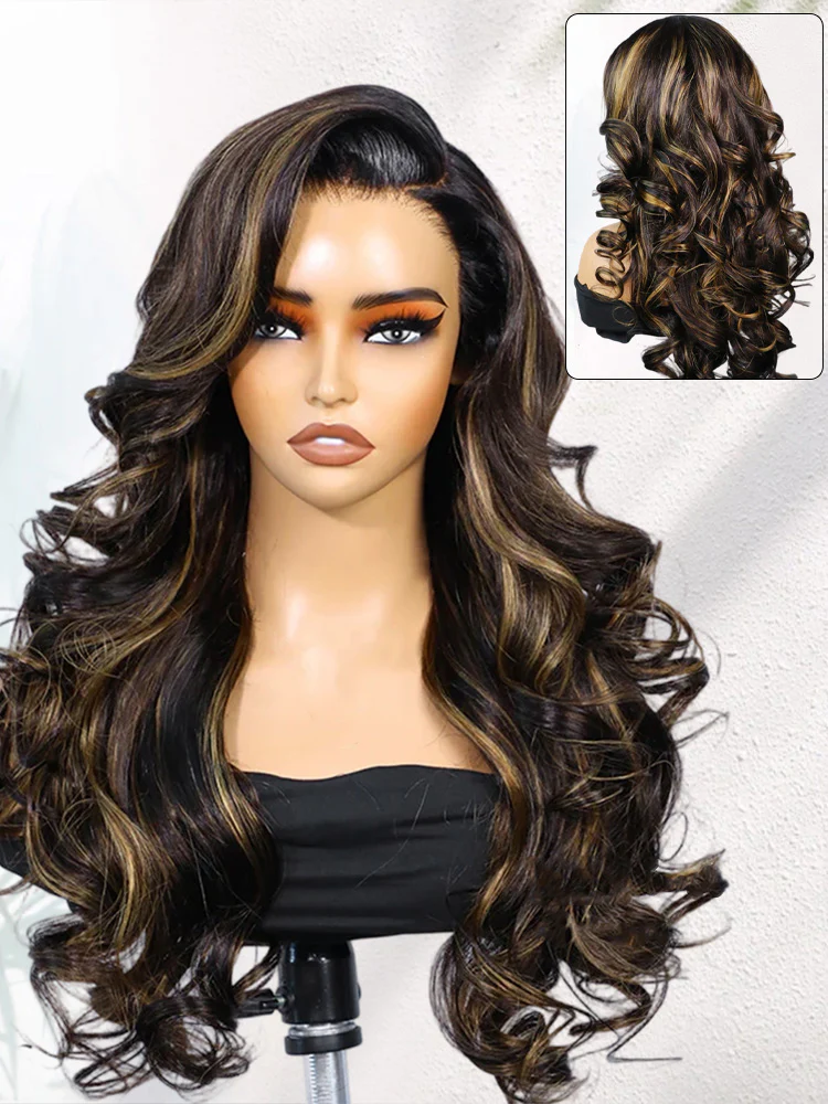 CurlyMe Pre-Styled Butterfly Cut Layered Highlight Brown Balayage 7x5 Lace Straight Human Hair Wear Go Wig