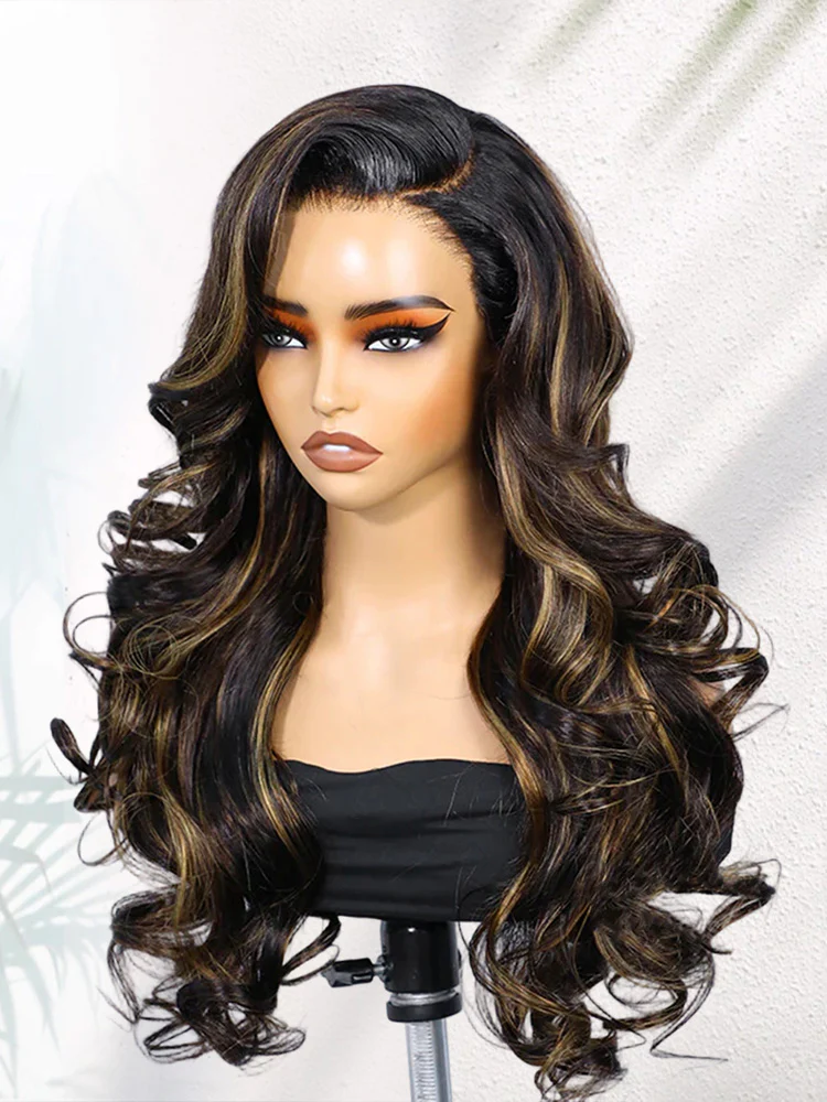 CurlyMe Pre-Styled Butterfly Cut Layered Highlight Brown Balayage 7x5 Lace Straight Human Hair Wear Go Wig - Image 4