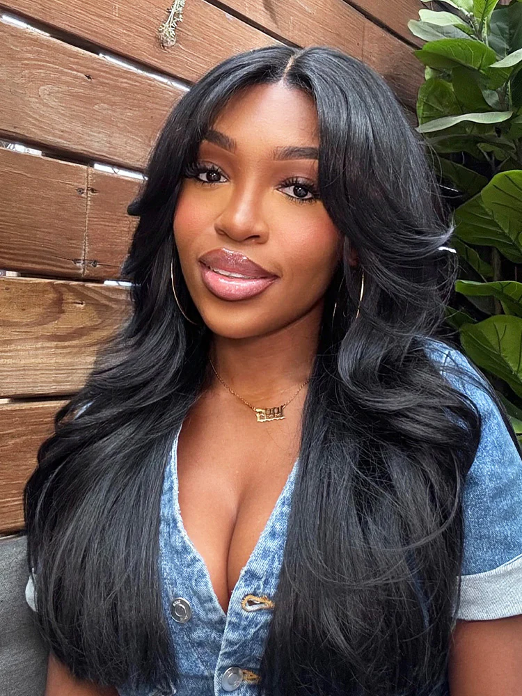 CurlyMe Pre-Styled Butterfly Cut Layered U Part Natural Black Yaki Straight Human Hair Wigs - Image 12
