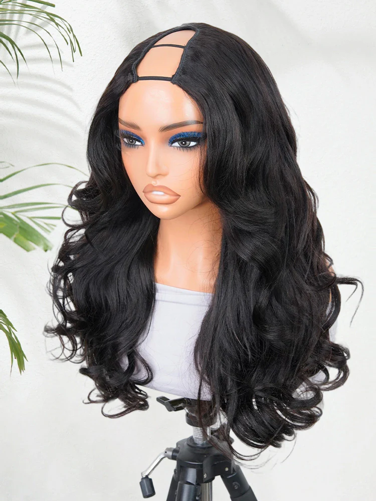 CurlyMe Pre-Styled Butterfly Cut Layered U Part Natural Black Yaki Straight Human Hair Wigs - Image 2