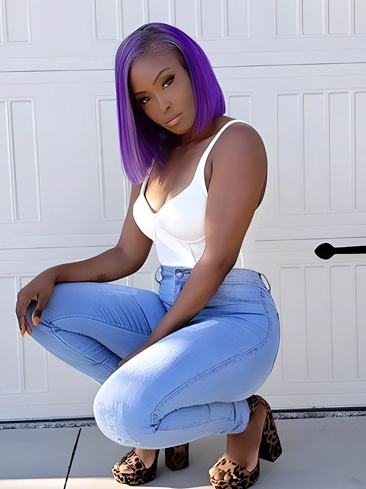 CurlyMe Attractive Purple Straight Hair 13x4 Transparent Lace Front Bob Wigs - Image 2