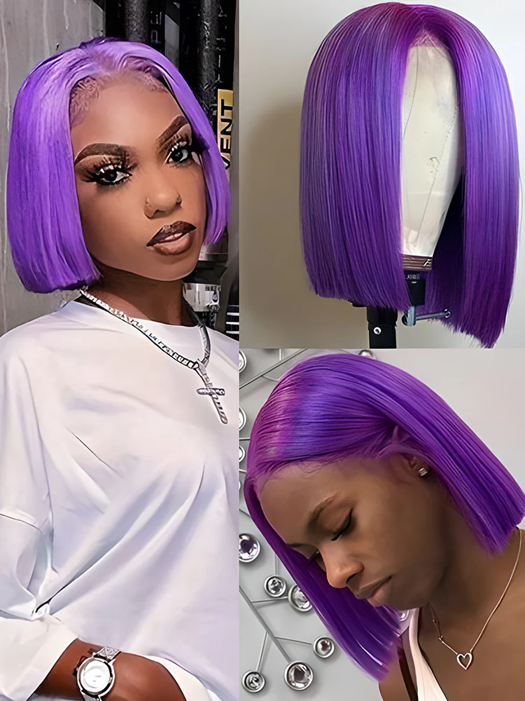 CurlyMe Attractive Purple Straight Hair 13x4 Transparent Lace Front Bob Wigs - Image 3