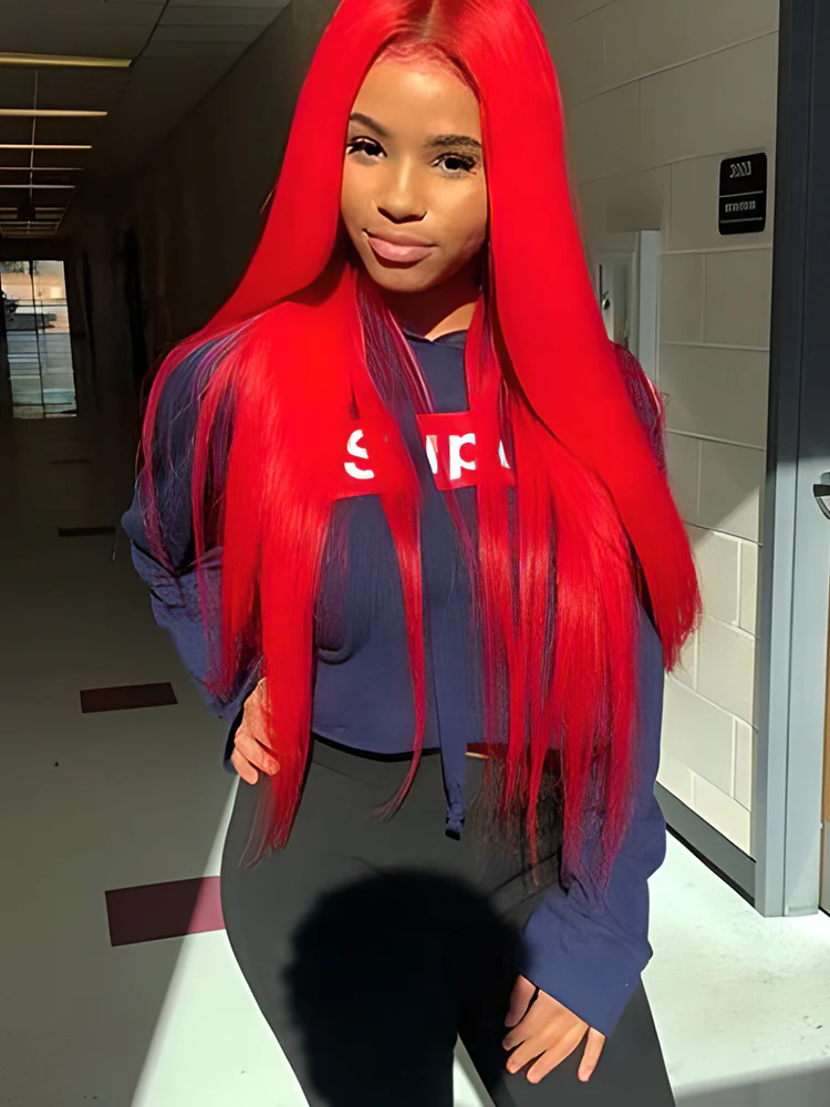 CurlyMe Bright Red Colored Straight Hair Lace Front Wigs Pre Plucked Hairline - Image 2