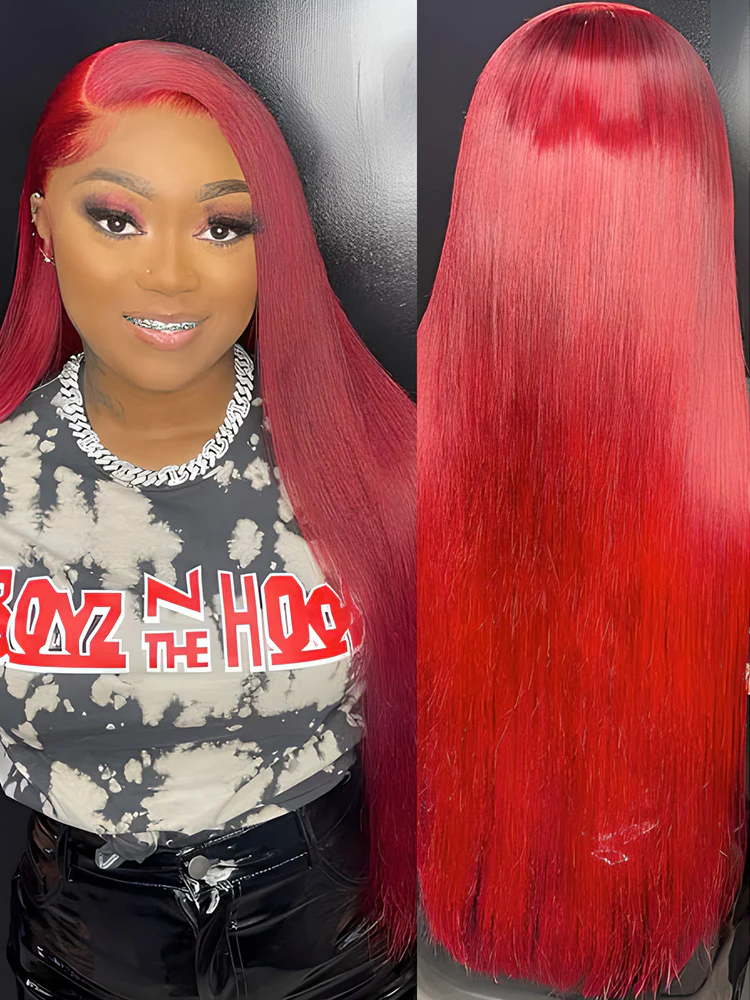 CurlyMe Bright Red Colored Straight Hair Lace Front Wigs Pre Plucked Hairline - Image 4