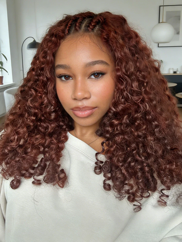 CurlyMe Reddish Brown Color Burmese Curly Miracle Knots Pre-Separated Feather Crochet Human Hair Knotless Boho Braids Remy Hair Extensions