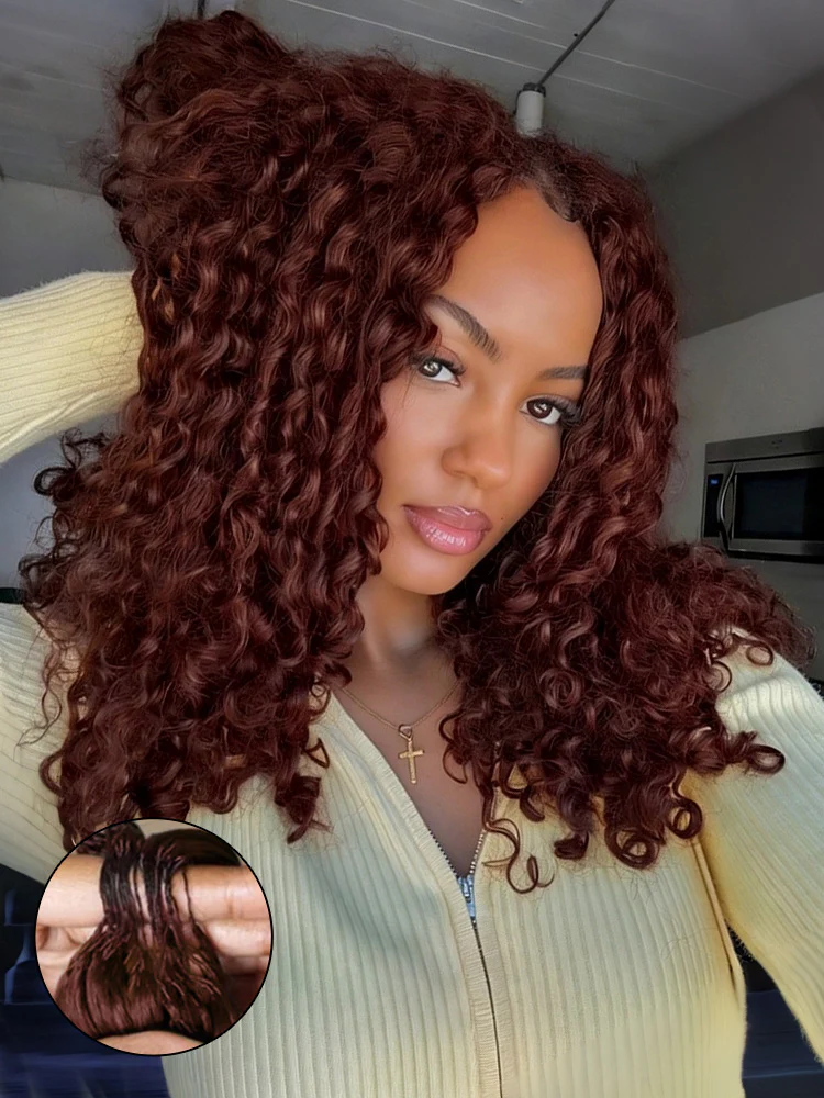 CurlyMe Reddish Brown Color Burmese Curly Miracle Knots Pre-Separated Feather Crochet Human Hair Knotless Boho Braids Remy Hair Extensions - Image 3