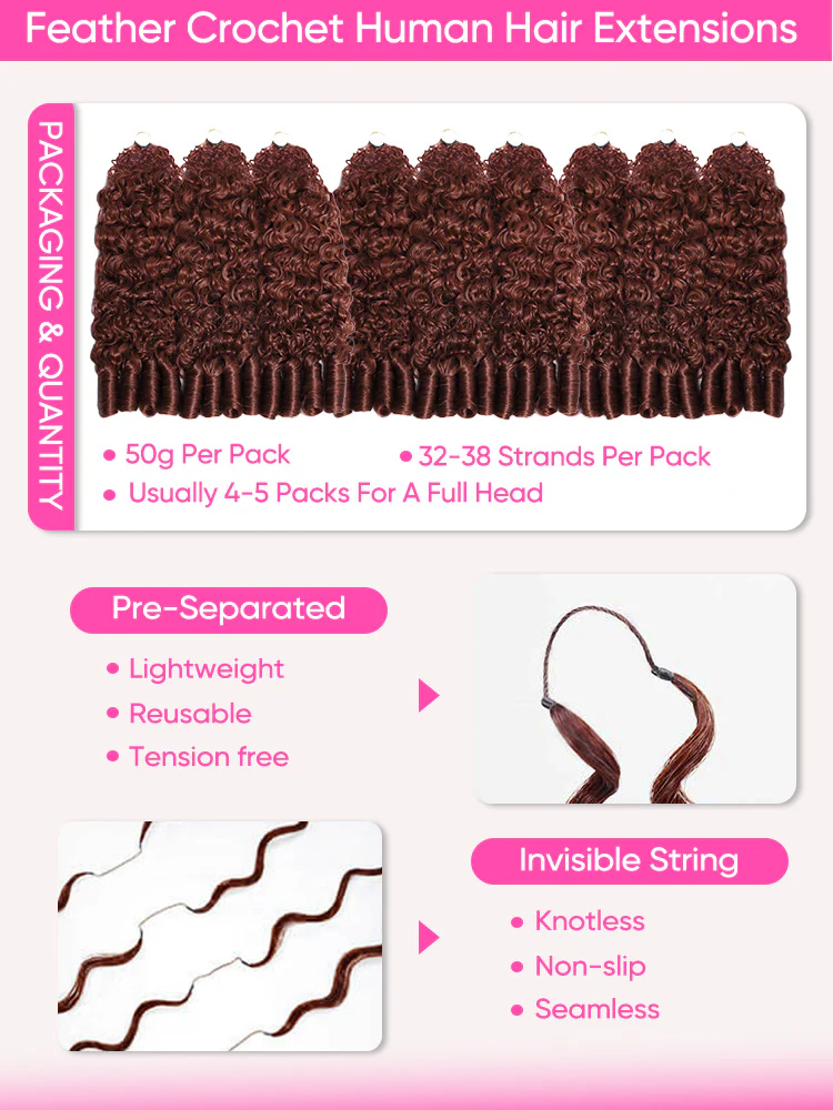 CurlyMe Reddish Brown Color Burmese Curly Miracle Knots Pre-Separated Feather Crochet Human Hair Knotless Boho Braids Remy Hair Extensions - Image 7
