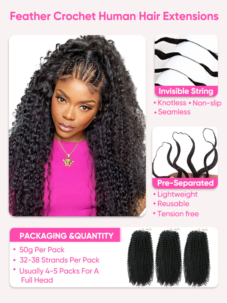 CurlyMe Pre-Separated Miracle Knots Feather Crochet Human Hair for Boho Braids Lightweight Reusable Remy Hair Extensions Protective Style for Women Natural Black Color - Image 7