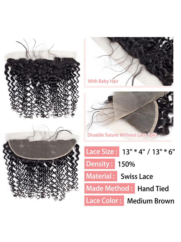 CurlyMe Deep Wave Human Hair 3 Bundles With 13x4 Lace Frontal Natural Black - Image 5