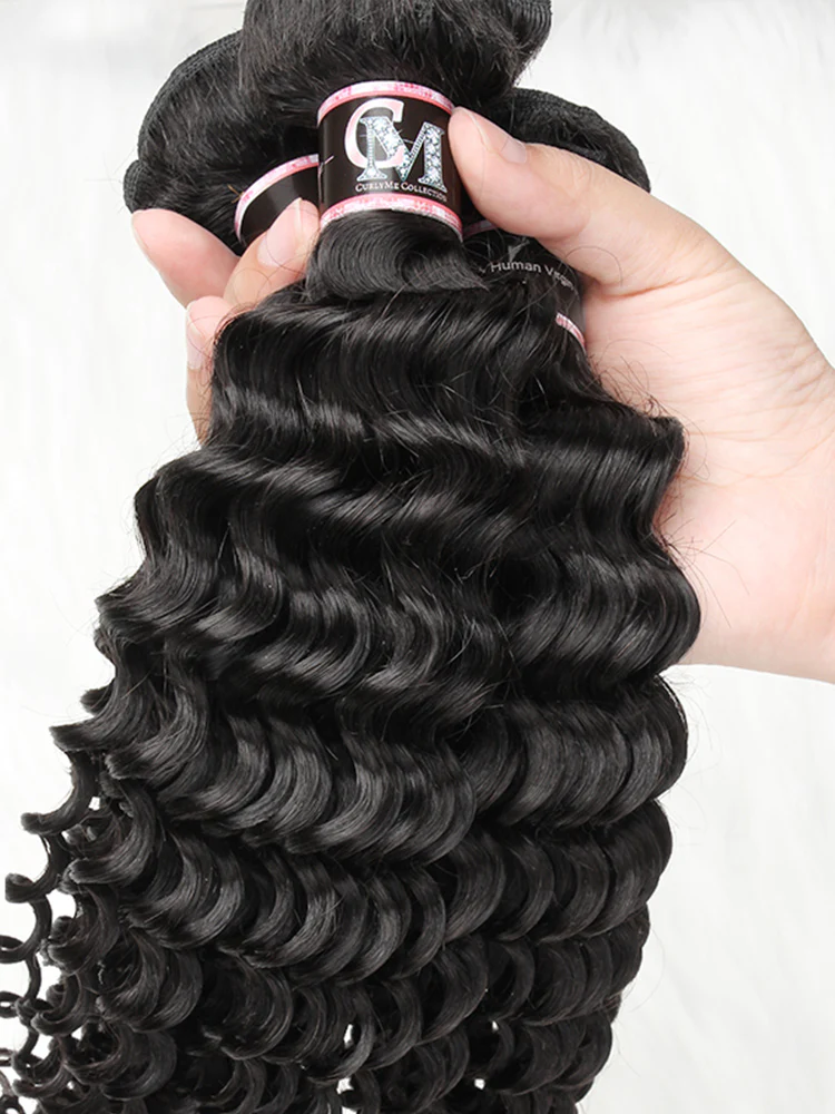 CurlyMe Deep Wave Human Hair 3 Bundles With 13x4 Lace Frontal Natural Black - Image 7