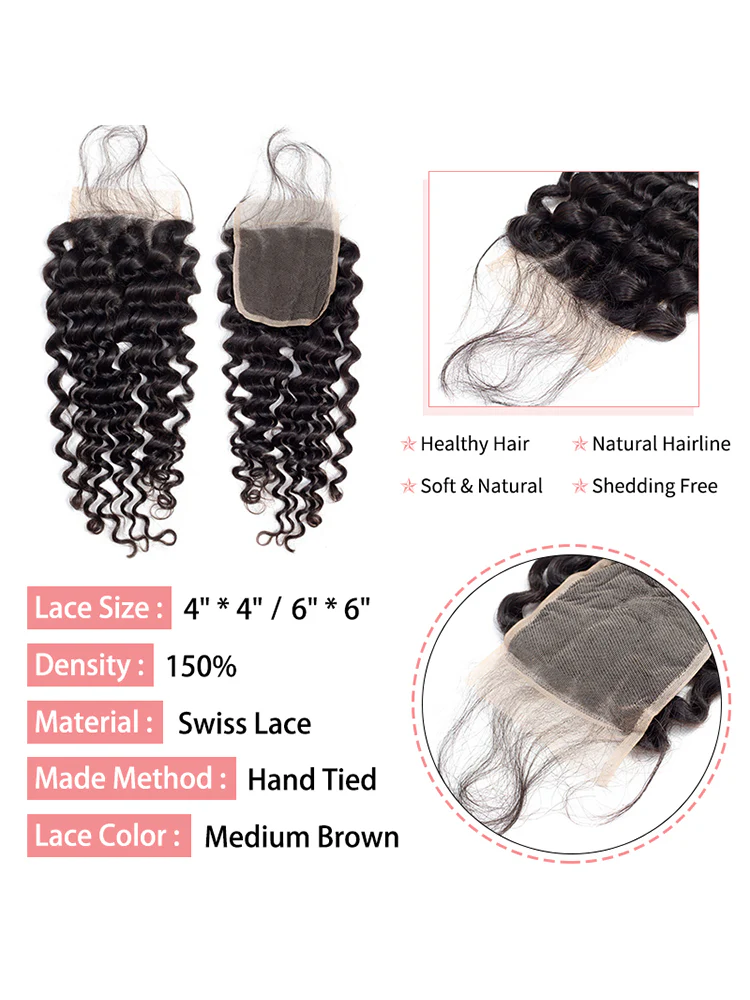 CurlyMe Deep Wave Virgin Human Hair 3 Bundles With 4x4 Lace Closure Natural Black - Image 4