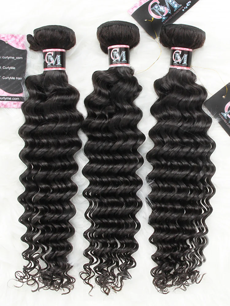 CurlyMe Deep Wave Virgin Human Hair 3 Bundles With 4x4 Lace Closure Natural Black - Image 6